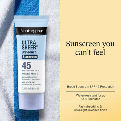 Neutrogena Ultra Sheer Dry-Touch Water Resistant and Non-Greasy Sunscreen Lotion with Broad Spectrum SPF 45, Tsa-Compliant Travel Size, 3 Fl Oz, Pack of 2, 6 Fl Oz