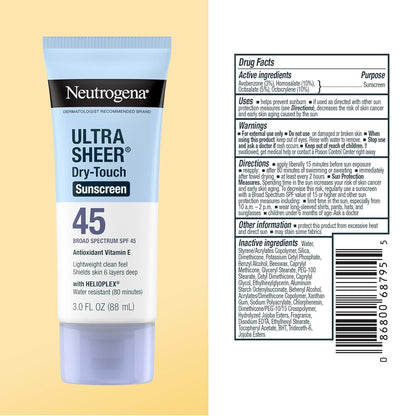 Neutrogena Ultra Sheer Dry-Touch Water Resistant and Non-Greasy Sunscreen Lotion with Broad Spectrum SPF 45, Tsa-Compliant Travel Size, 3 Fl Oz, Pack of 2, 6 Fl Oz