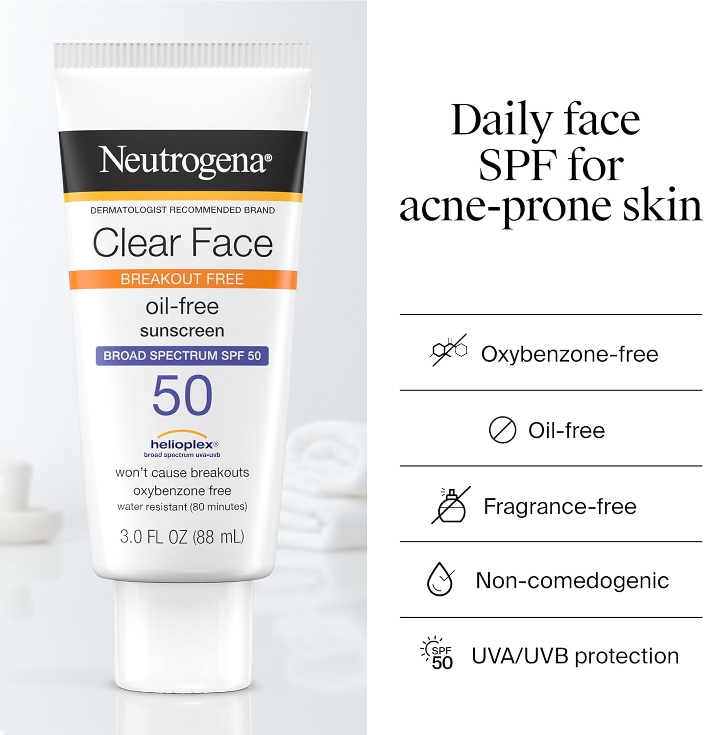 Neutrogena Clear Face Sunscreen Lotion for Acne-Prone Skin, Broad Spectrum SPF 50, Sunscreen for Face & Oily Skin, Oil-,Fragrance- & Oxybenzone-Free, Water Resistant, Matte, Unscented, 3 Fl Oz