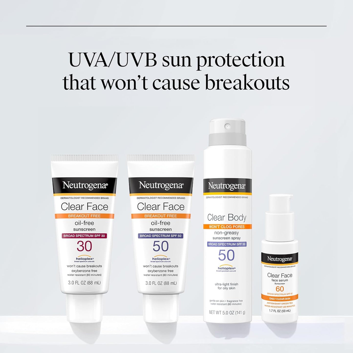 Neutrogena Clear Face Sunscreen Lotion for Acne-Prone Skin, Broad Spectrum SPF 50, Sunscreen for Face & Oily Skin, Oil-,Fragrance- & Oxybenzone-Free, Water Resistant, Matte, Unscented, 3 Fl Oz